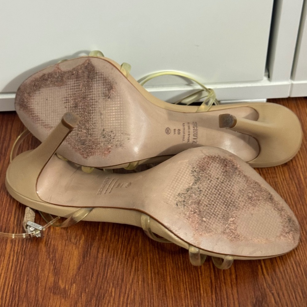Schutz Strappy Sandal Heels 8B Clear PVC Nude Leather Stiletto Neutral Formal - Picture 9 of 9